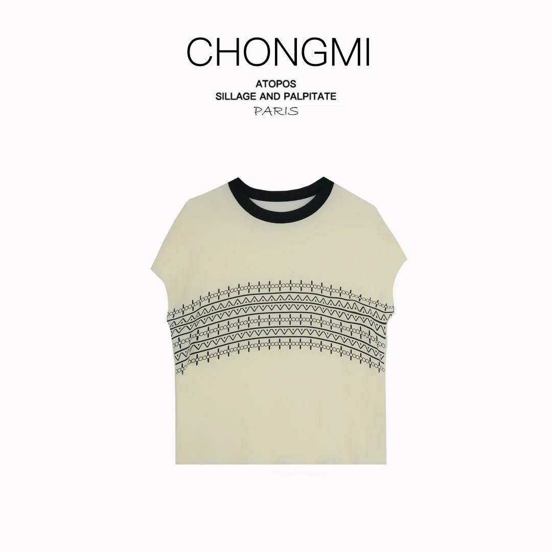 【鬼绉真丝】浅杏色印花桑蚕丝T恤女2025夏季时尚百搭真丝上衣