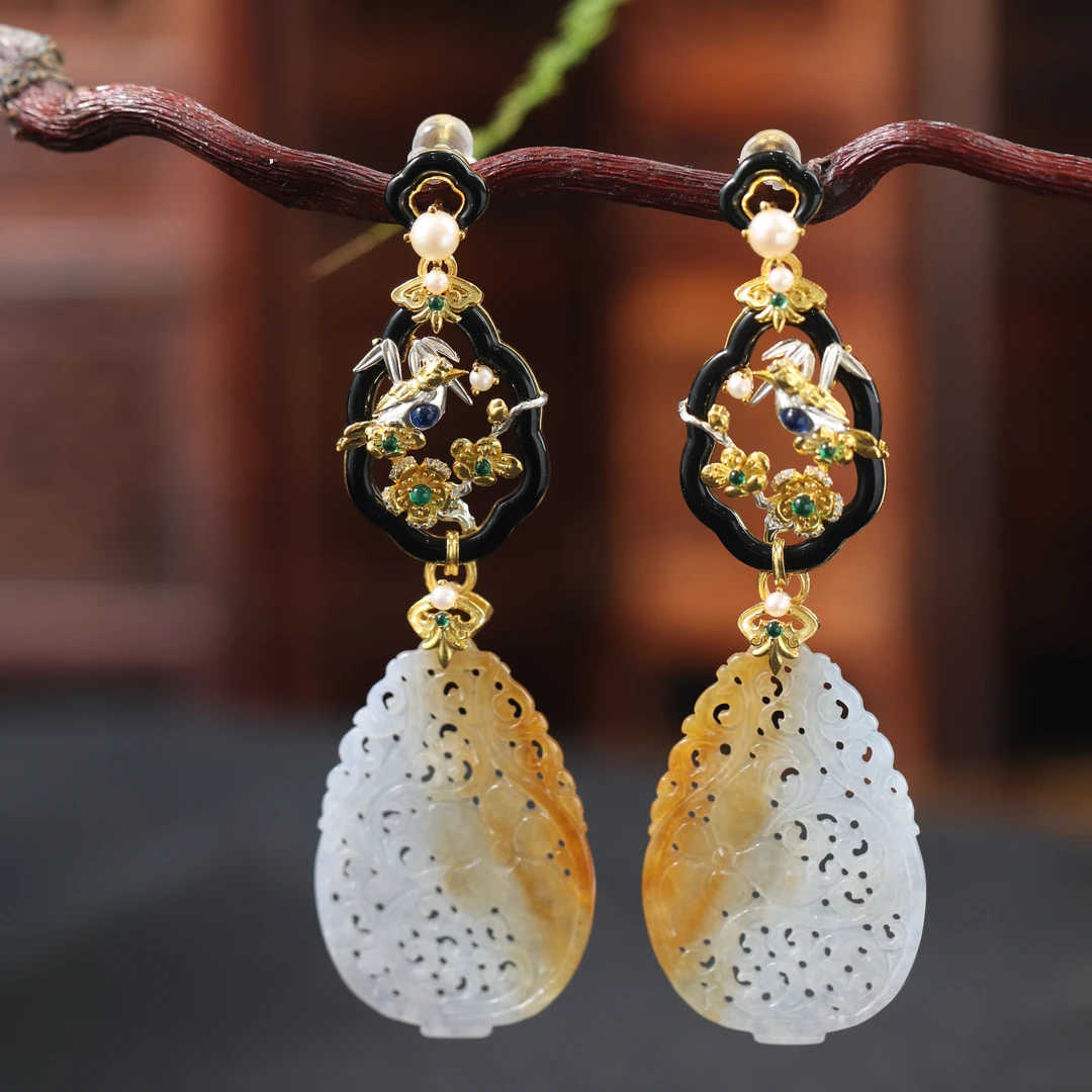 【澄秋】原创国风新中式定制珠宝s925银镶嵌翡翠耳饰