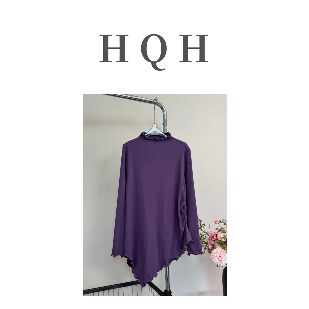 『1439#』秋冬木耳边小立领斜摆设计感不规则个性百搭长袖T恤