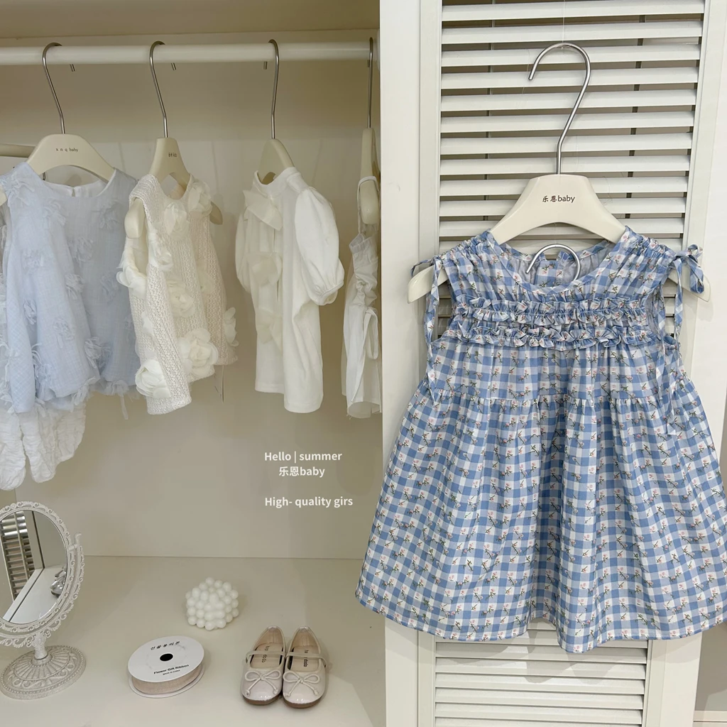 【乐恩baby】2025春夏女童碎花格子无袖背心裙时髦洋气连衣裙公主裙