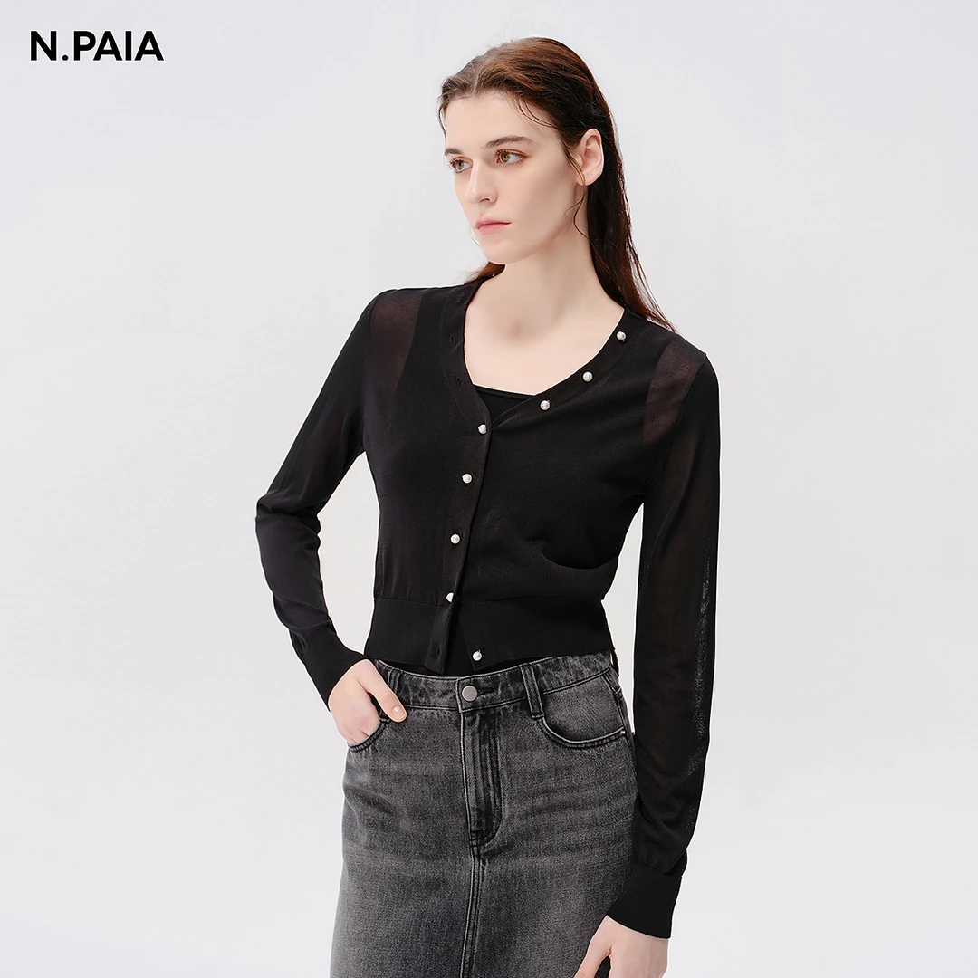 恩派雅24新款冰凉通透纱珍珠扣百搭V领防晒针织开衫XNJEA9109A