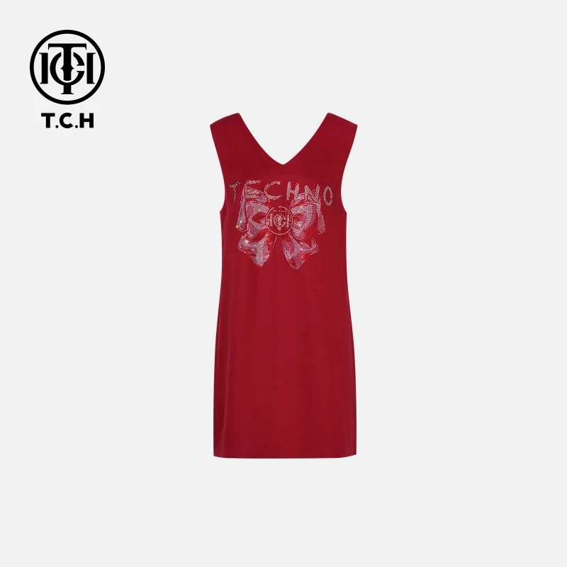 TCH轻奢烫钻工艺时尚休闲百搭舒适连衣裙女T75B30E1022私服tch