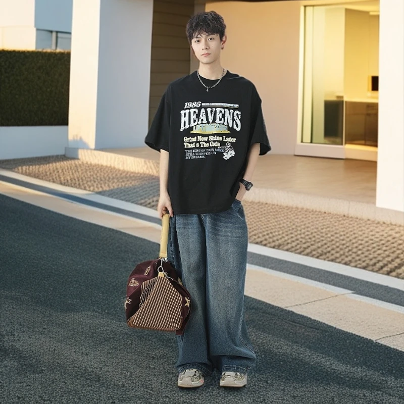 复古纯棉潮牌宽松黑色港风T恤美式撞色破碎字母印花短袖T恤男夏季