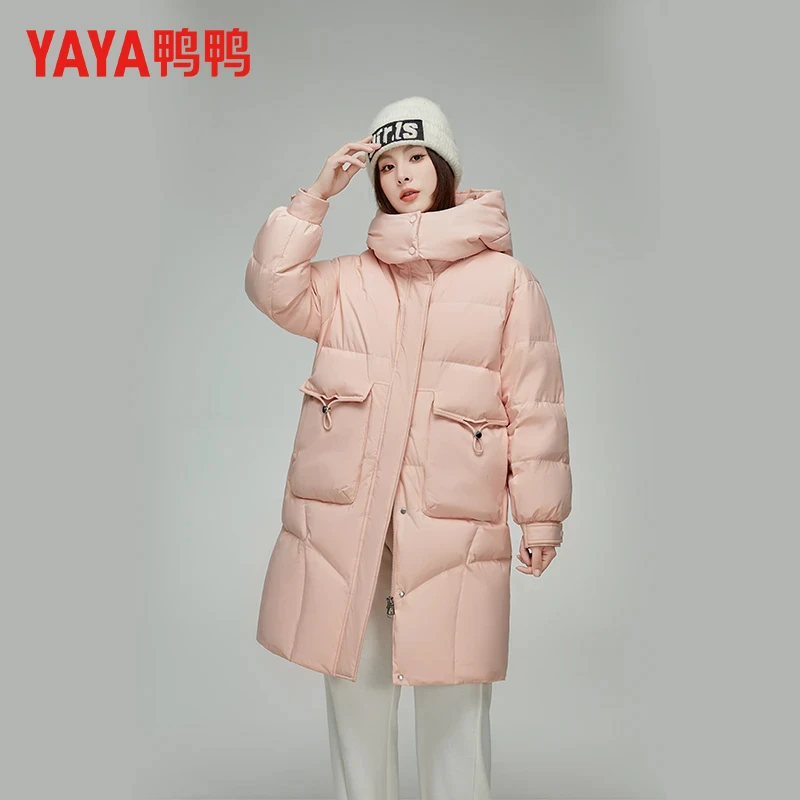 YAYA/鸭鸭时尚羽绒服女新款中长款连帽鸭绒外套YE3B609375D