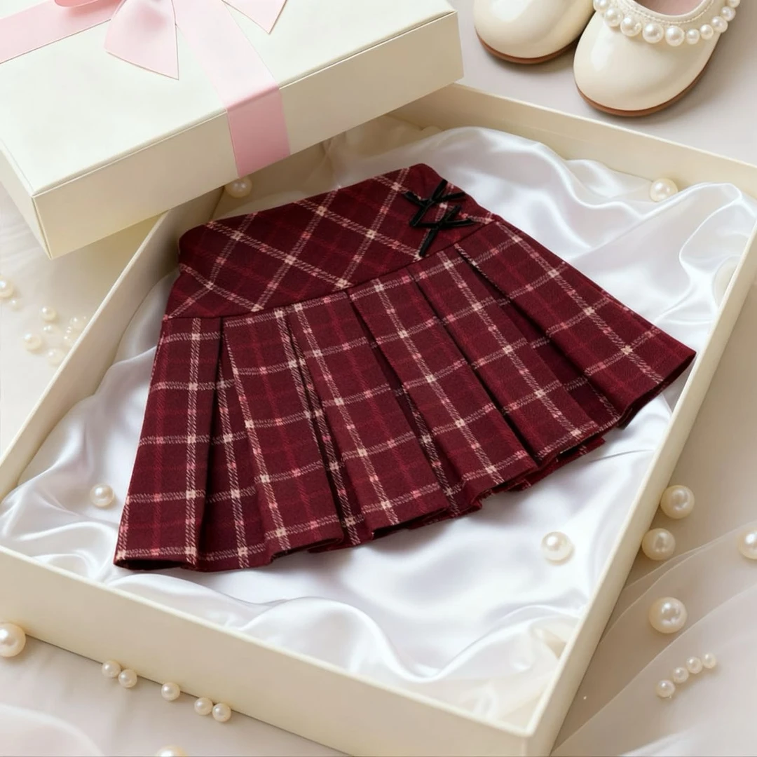 女童冬季半身裙秋冬加绒短裙洋气冬装大童裙子儿童红色格子百褶裙