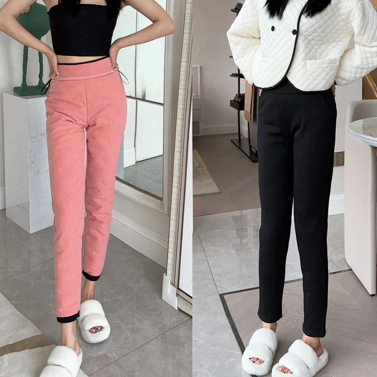 女士冬季外穿加绒加厚烧花羽绒裤高腰大码休闲宽松羽绒裤弹力007