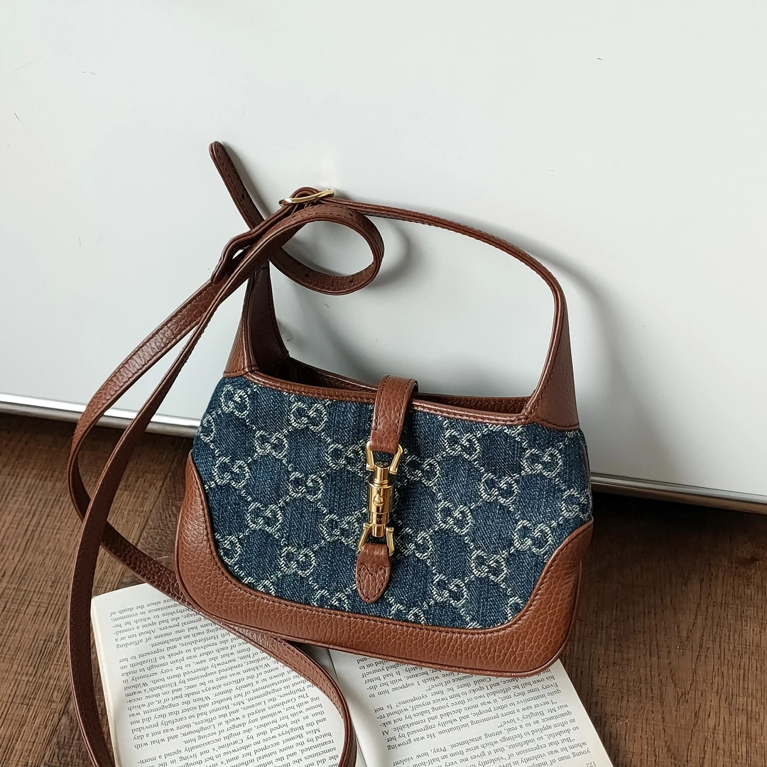 95新 GUCCI/古驰 Azul-蓝色牛仔拼皮jackie mini手提斜挎包49666
