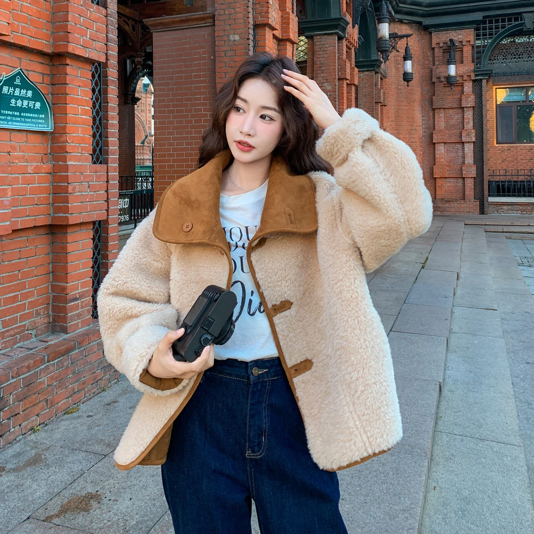 韩系美拉德两面穿仿皮毛一体羊羔毛外套女2025秋冬新款加厚绒棉服