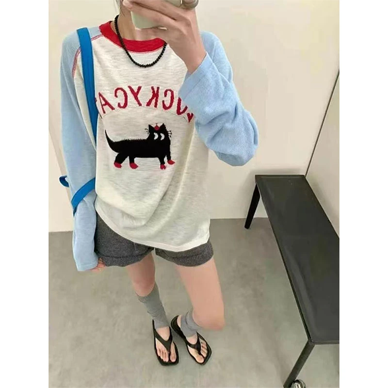 韩系chic减龄学院风猫咪印花T恤女夏季2025年撞色插肩袖防晒上衣