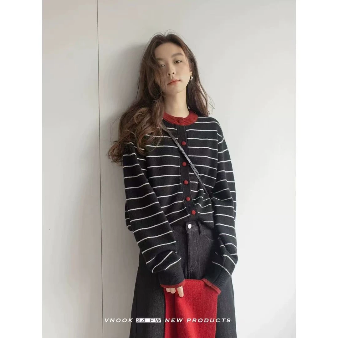 早秋冬撞色条纹毛衣女宽松慵懒高级感上衣羊毛混纺针织开衫外套