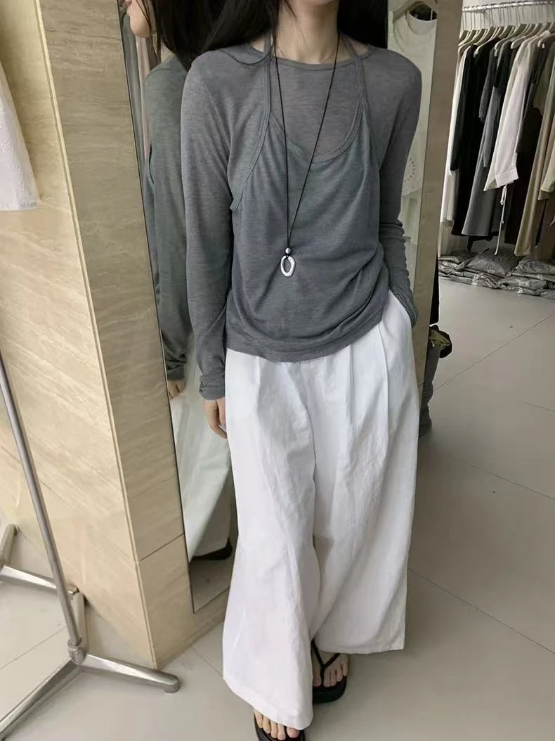 【素简】夏季新款时尚简约挂脖设计假两件上衣休闲长袖T恤女WC069