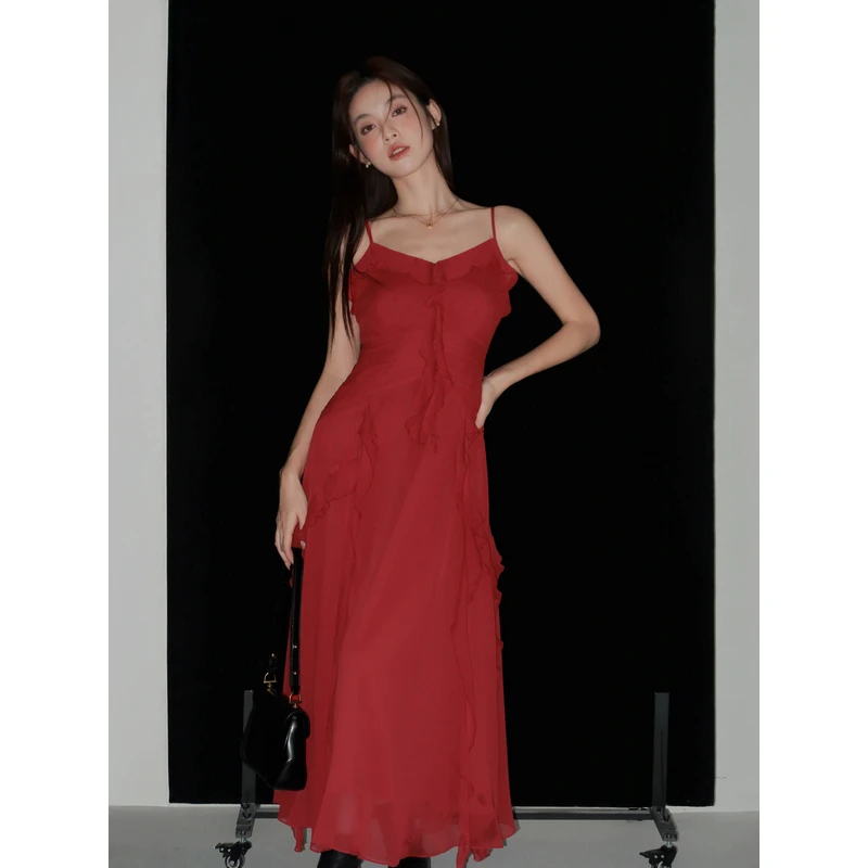 瞌睡兔法式不规则设计感飘带雪纺吊带连衣裙女春收腰显瘦长裙子