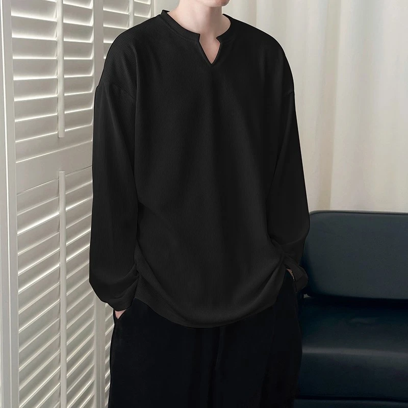 仓石一树高级感V领长袖t恤男夏季薄款休闲慵懒风痞帅慵懒风男装