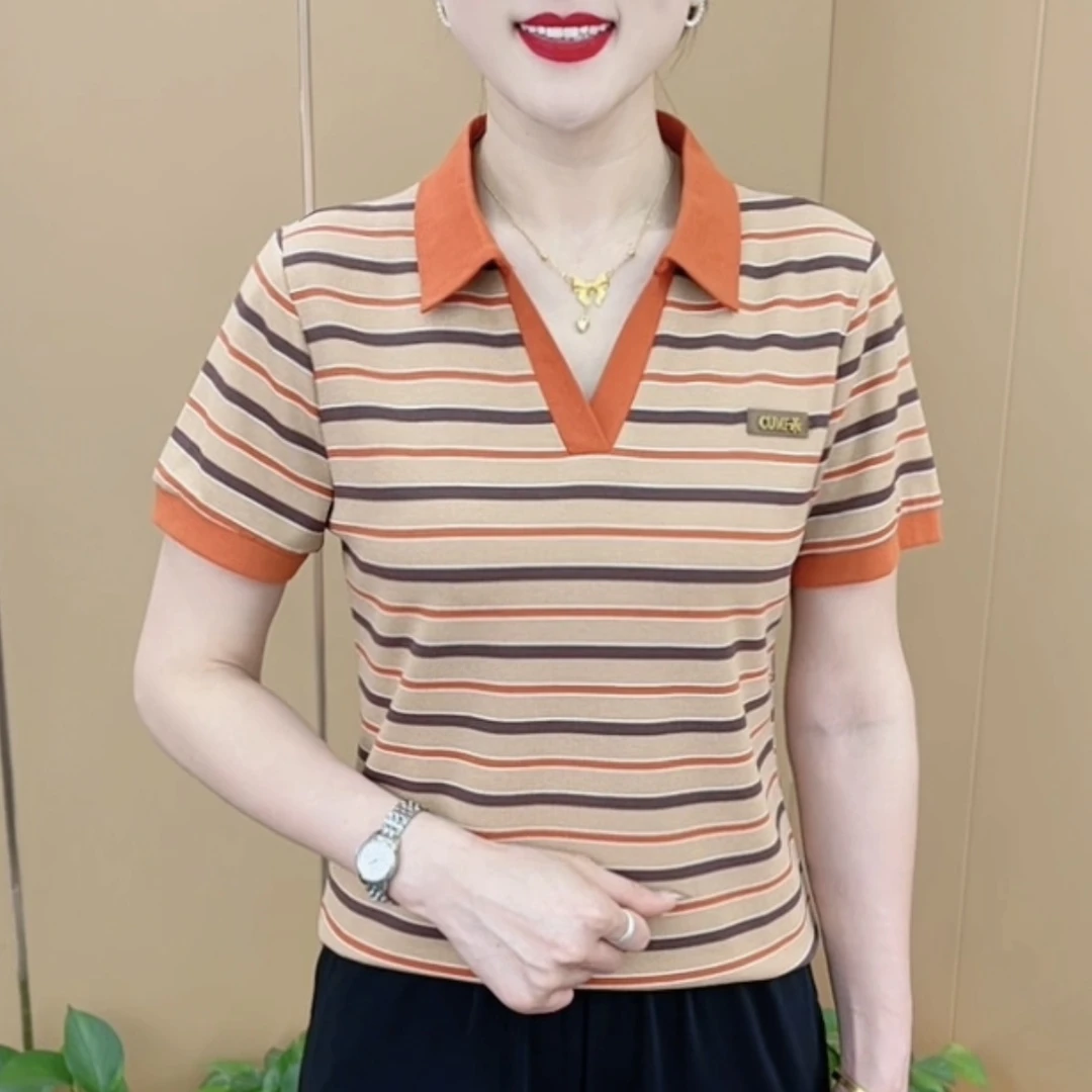 夏季新款时尚翻领条纹设计韩版T恤休闲百搭显瘦女士短袖上衣M8305