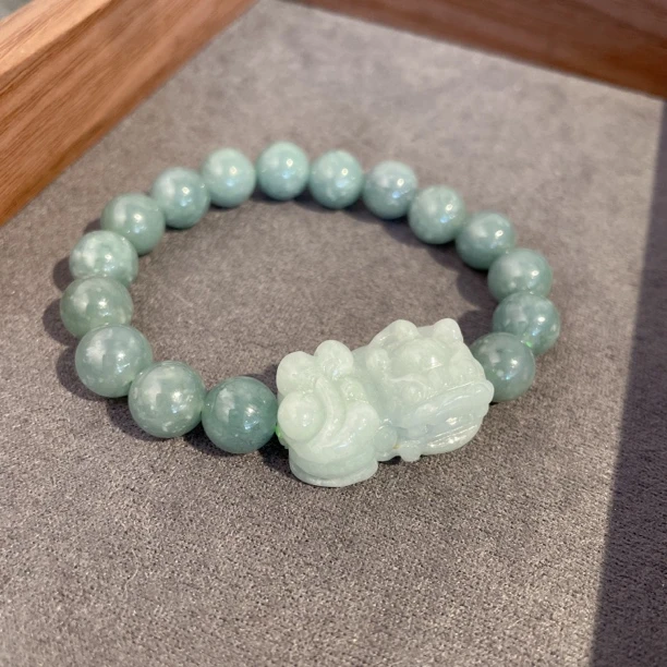 0434 福气满满大貔貅 蓝水翡翠大米珠单圈手链