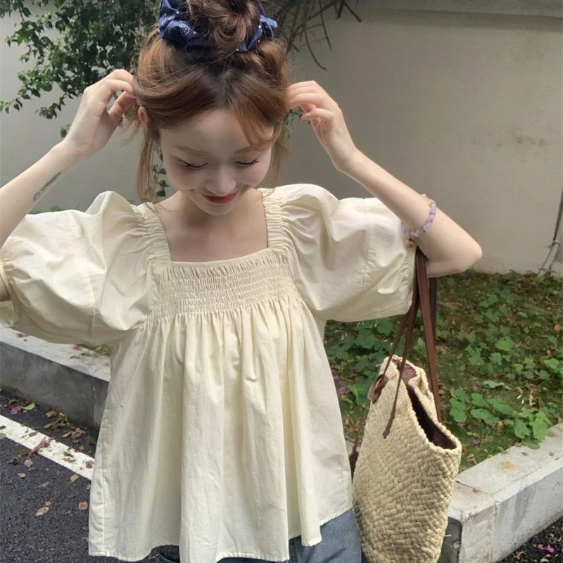 纯色雪纺方领短袖洋气衬衫女装上衣女夏季夏季一字肩小生日礼服