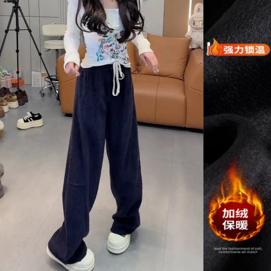 景倩妮时尚简约风抽绳毛呢休闲裤2025冬季新款加绒显瘦窄版阔腿裤