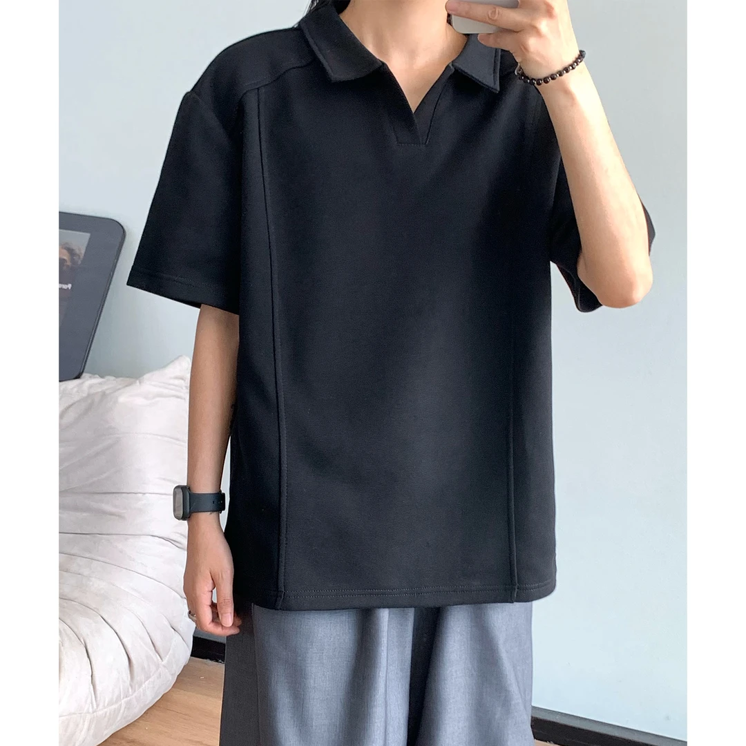 重磅正肩polo衫男款痞帅高级感V领拼接短袖T恤修身显瘦短款半截袖