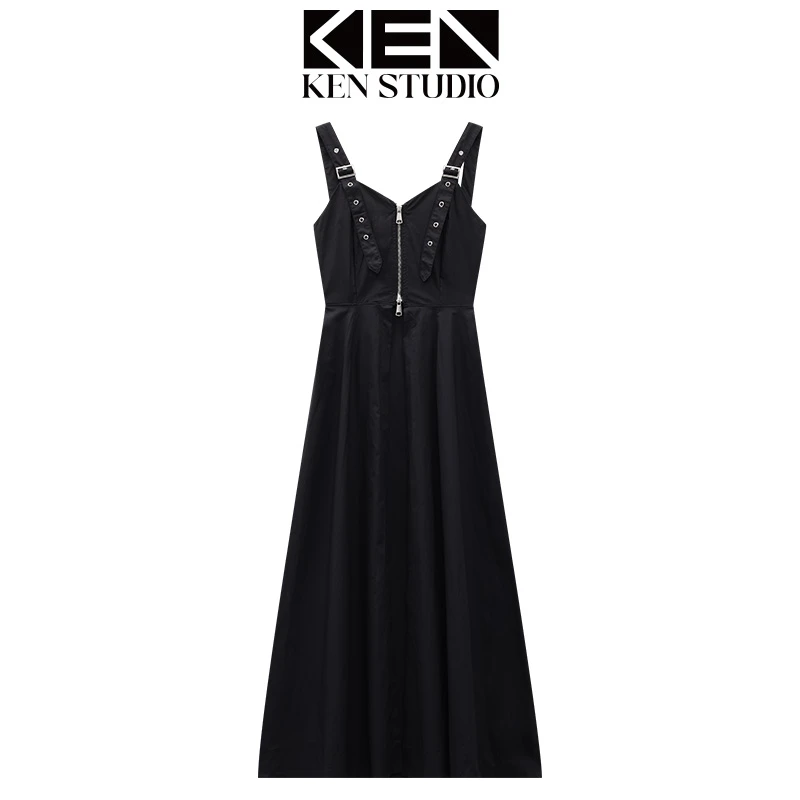 KEN STUDIO夏季新款黑色吊带连衣裙女拉链设计感薄款A字裙长裙子