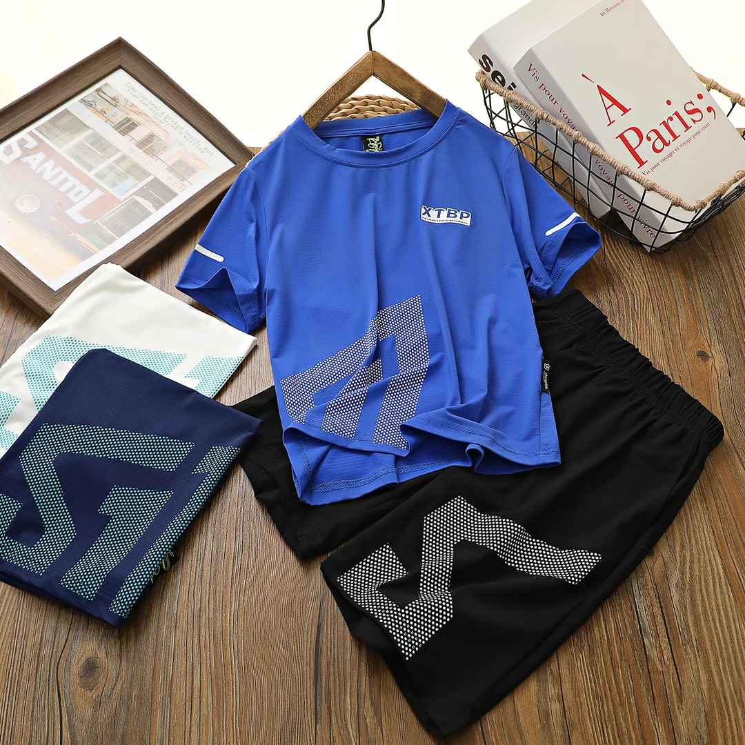 儿童男童夏季新款字母网眼速干短袖套装中大童两件套透气6665