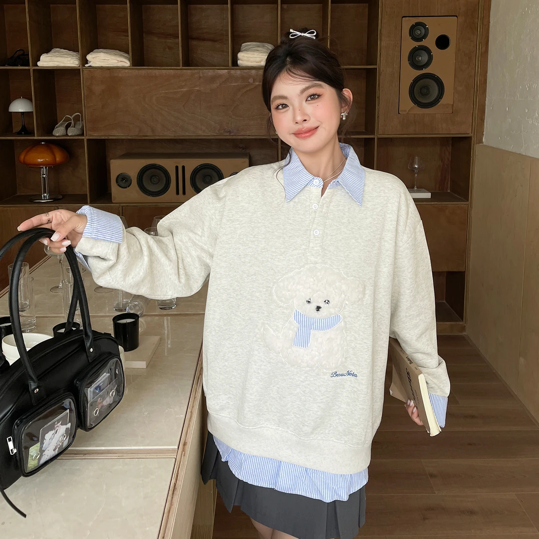 小草宽松定制超好看独特漂亮假两件上衣大码女装韩版条纹拼接卫衣