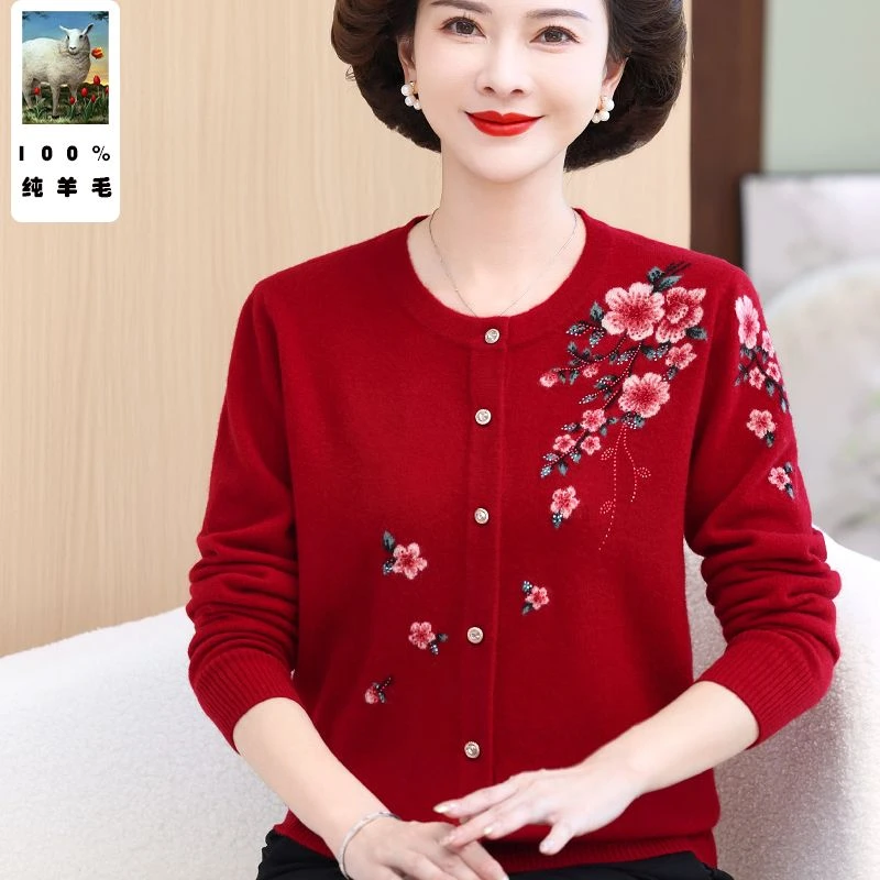 中老年秋冬新款100%纯羊毛绣花开衫上衣妈妈圆领保暖羊毛衫外套女