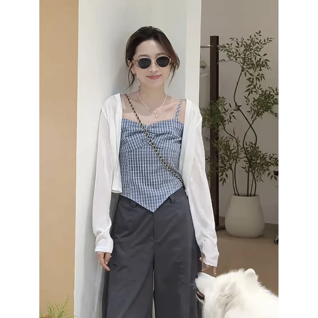 夏季新款韩系不规则格子吊带上衣＋纯色薄款开衫两件套