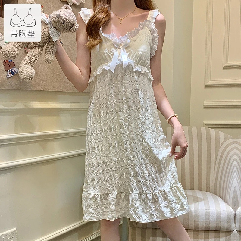 睡裙女夏季无袖公主风甜美吊带裙带胸垫少女士纯欲风法式睡衣裙子