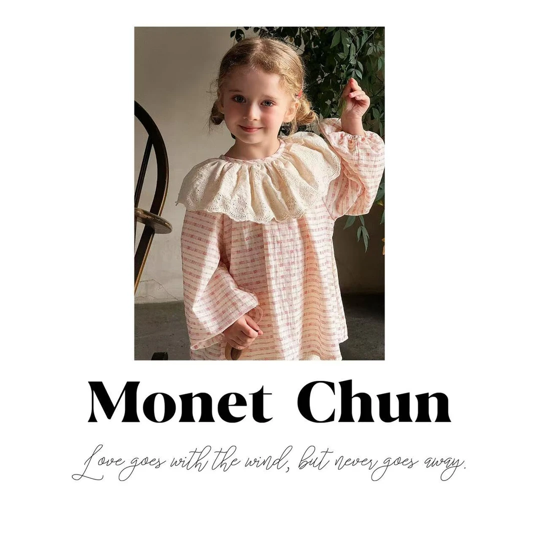 Monet Chun-2025年春夏新款女童花边翻领红色条纹钩花上衣 25003