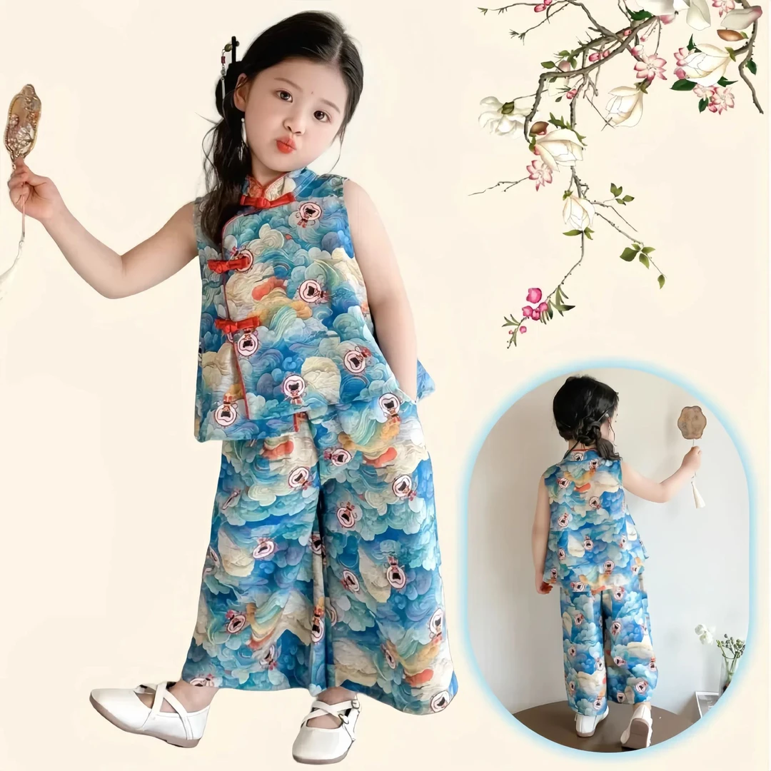 小女童套装时髦洋气盘扣公主夏季薄款女孩中国风复古风女宝碎花潮