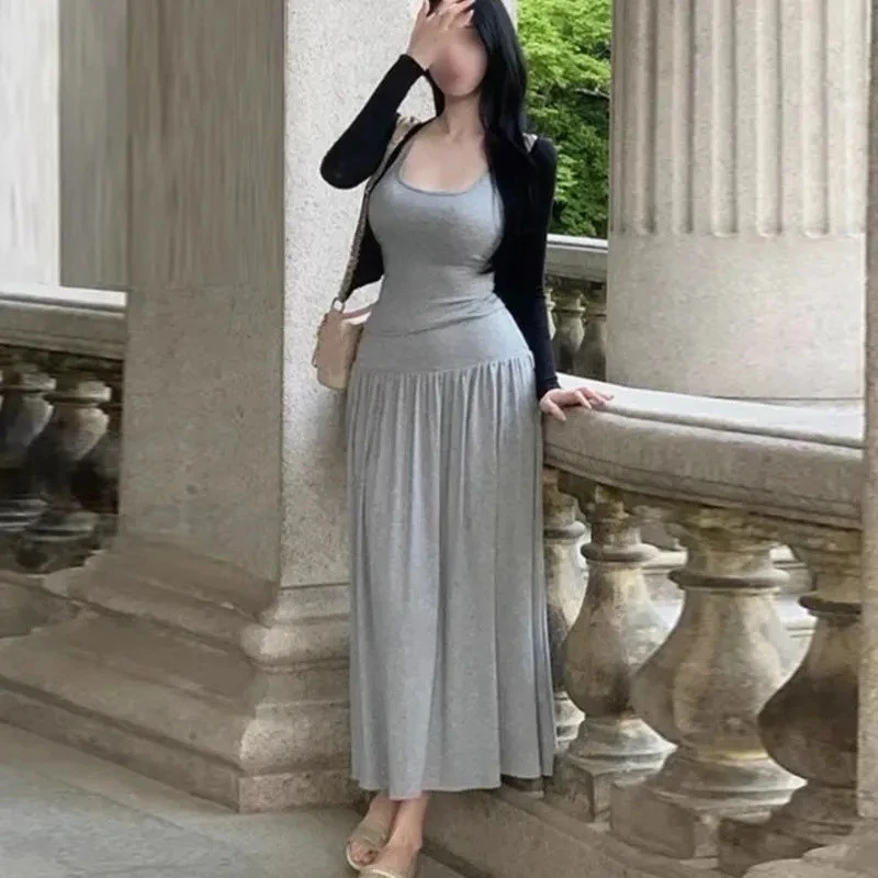 夏季新款纯欲气质修身圆领吊带背心T恤+弹力百搭显瘦半身裙套装女