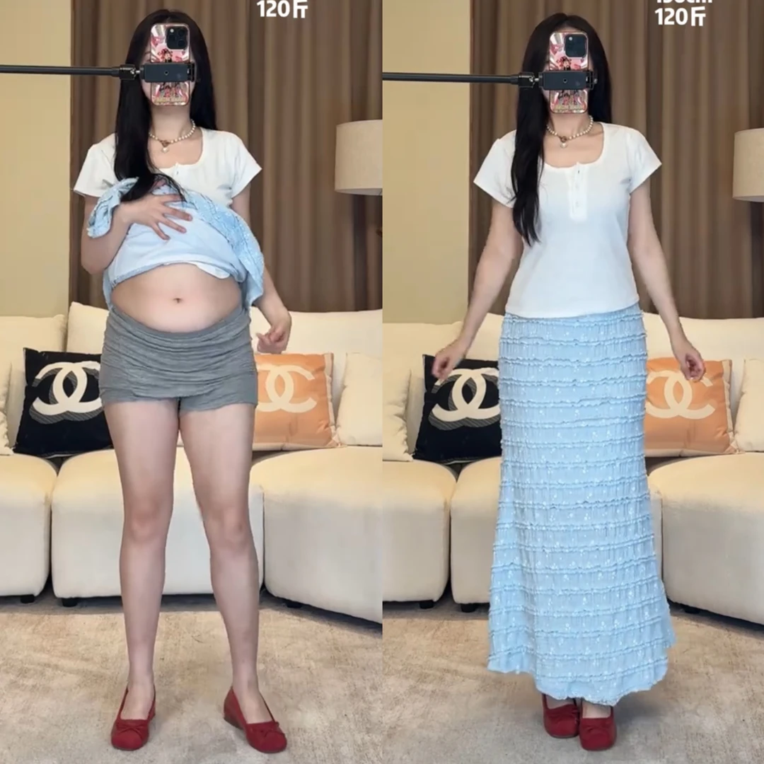 白色正肩短袖T恤温柔风套装女夏季木耳边包臀半身裙蛋糕裙两件套