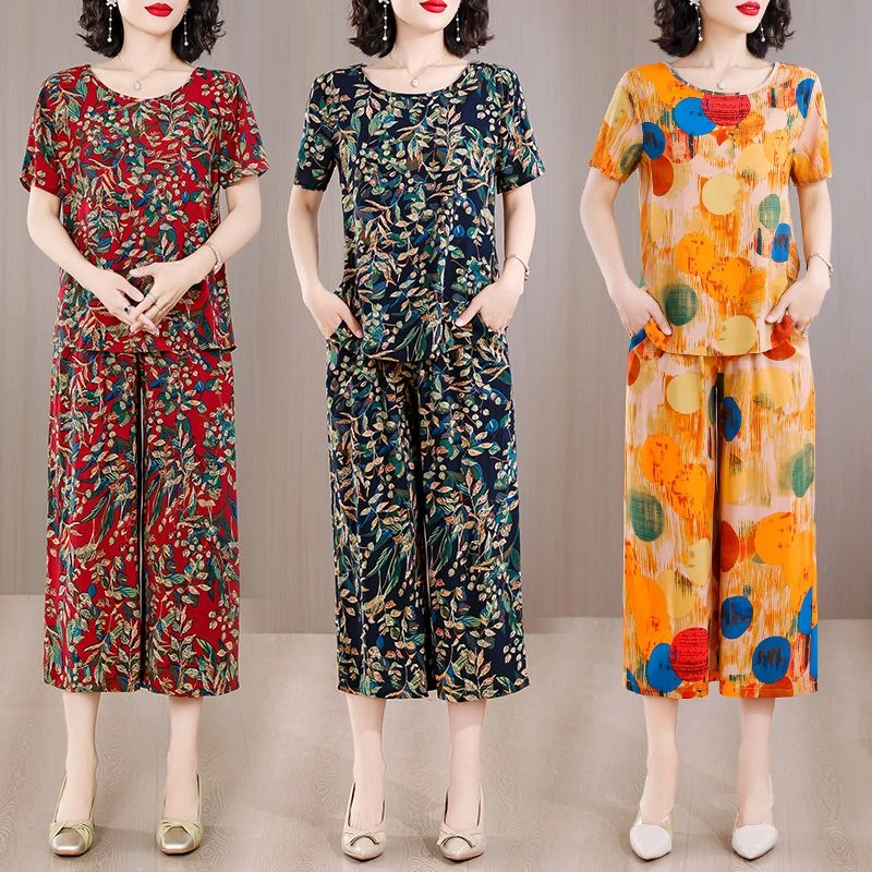 新款棉绸套装女夏季2025洋气外穿宽松大码人造棉短袖七分裤两件套