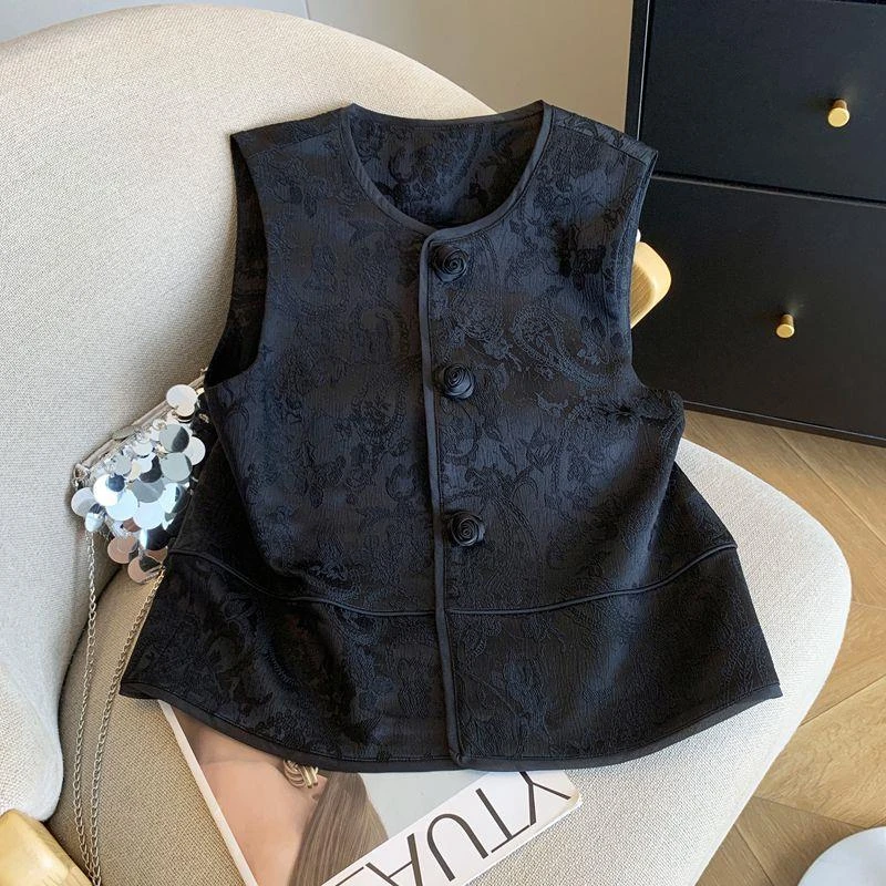 新中式国风提花圆领马甲女早秋新款气质叠穿外搭无袖坎肩马夹女装