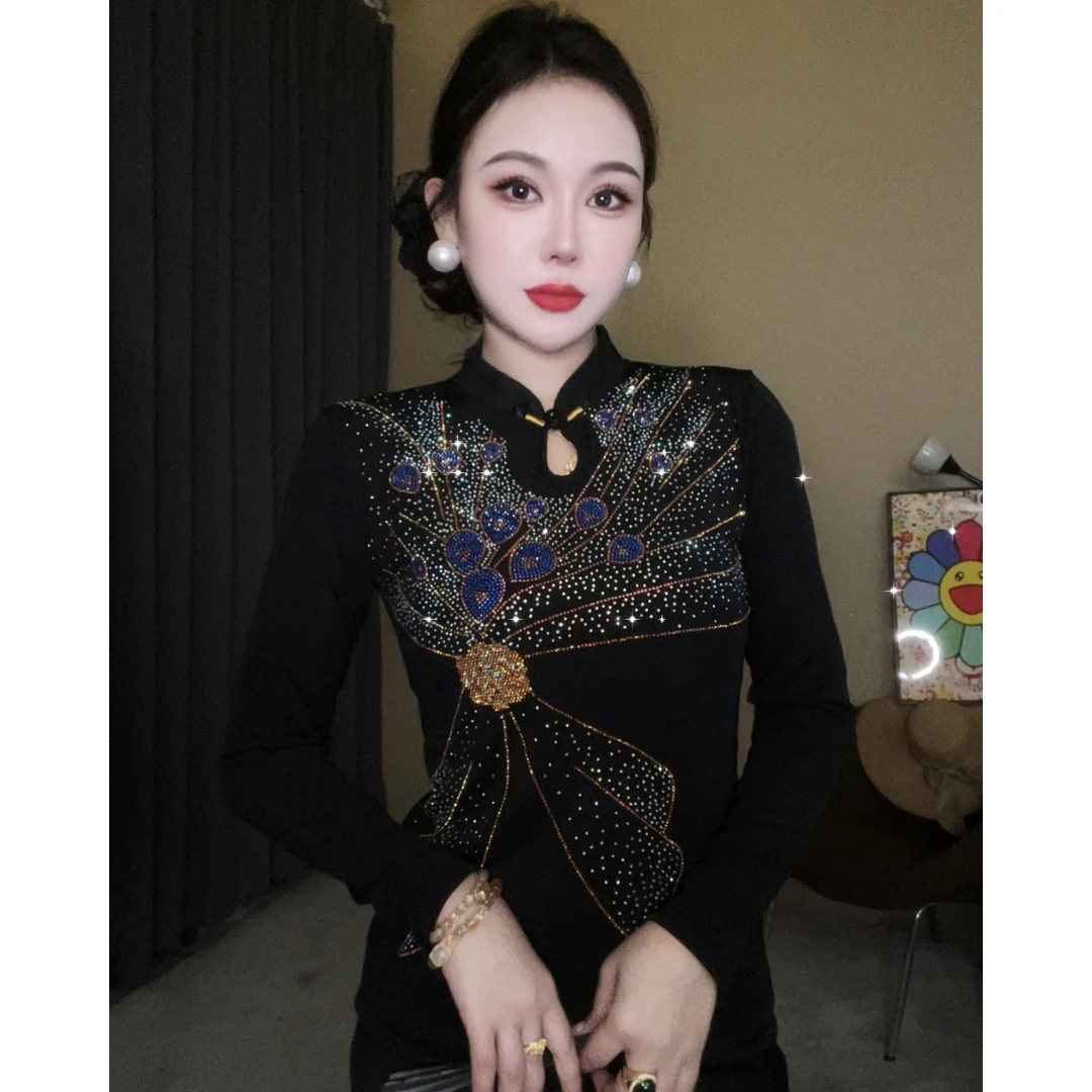 国风长袖女打底衫2025秋季新款时尚烫钻上衣修身显瘦长袖T恤潮