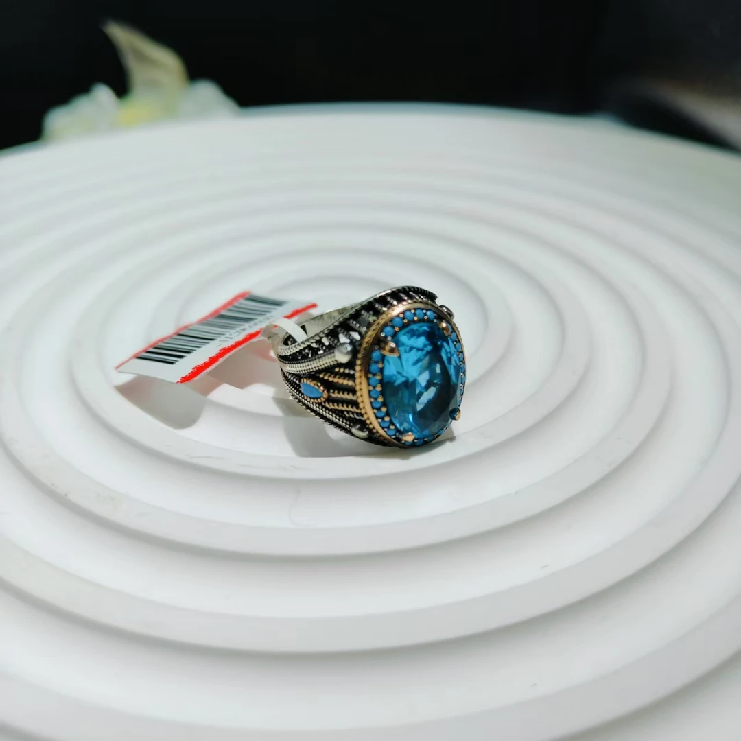 925银琉璃戒指 银戒指男士手工气质轻奢时尚复古红色中古镶嵌