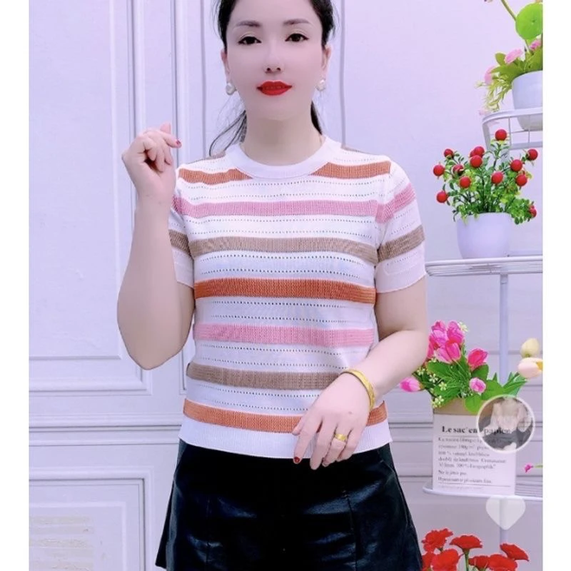 网红新款百搭镂空条纹针织女体恤2024年时尚洋气百搭宽松上衣