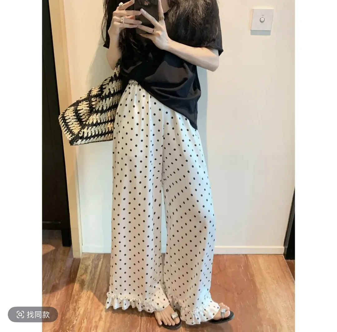 怡尔家 大码波点阔腿裤女高腰显瘦垂感宽松休闲裤夏季薄款