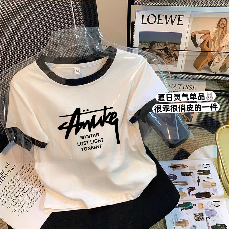 圆领拼色正肩短袖t恤女2025春夏秋季时尚百搭洋气白色上衣打底衫