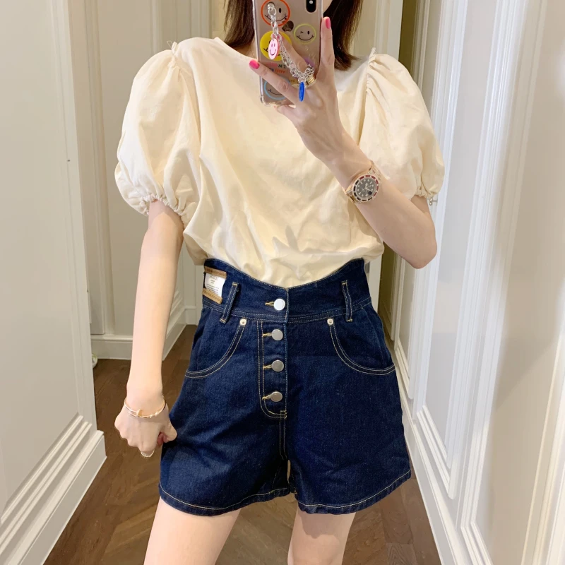 ◆张静芝 高级杏色温柔泡泡袖纯色简约圆领上衣女