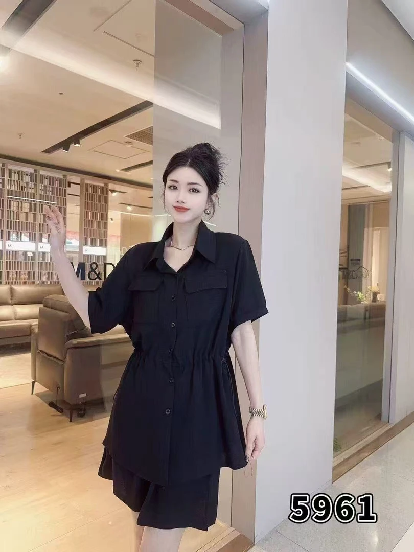 [玲姐家】大码显瘦抽绳减龄衬衫＋短裤两件套5961