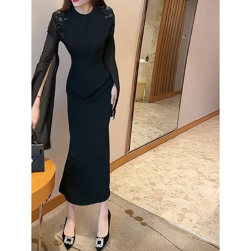 优雅气质连衣裙女2025年夏季新款重工钉珠开叉长袖高腰修身小黑裙