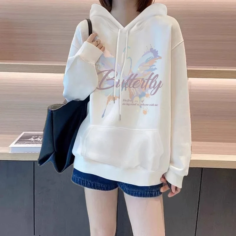 白色蝴蝶圆领卫衣女衣服2025秋冬季新款爆款加绒加厚保暖内搭上衣