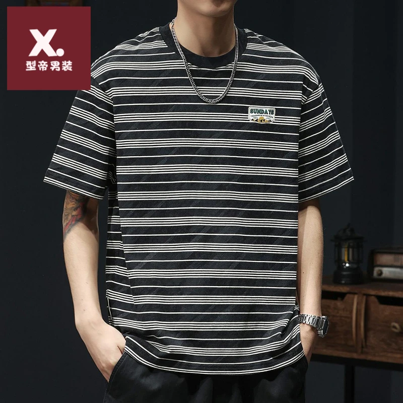 260g重磅条纹短袖t恤男夏季新款宽松大码潮牌体恤上衣半袖T恤