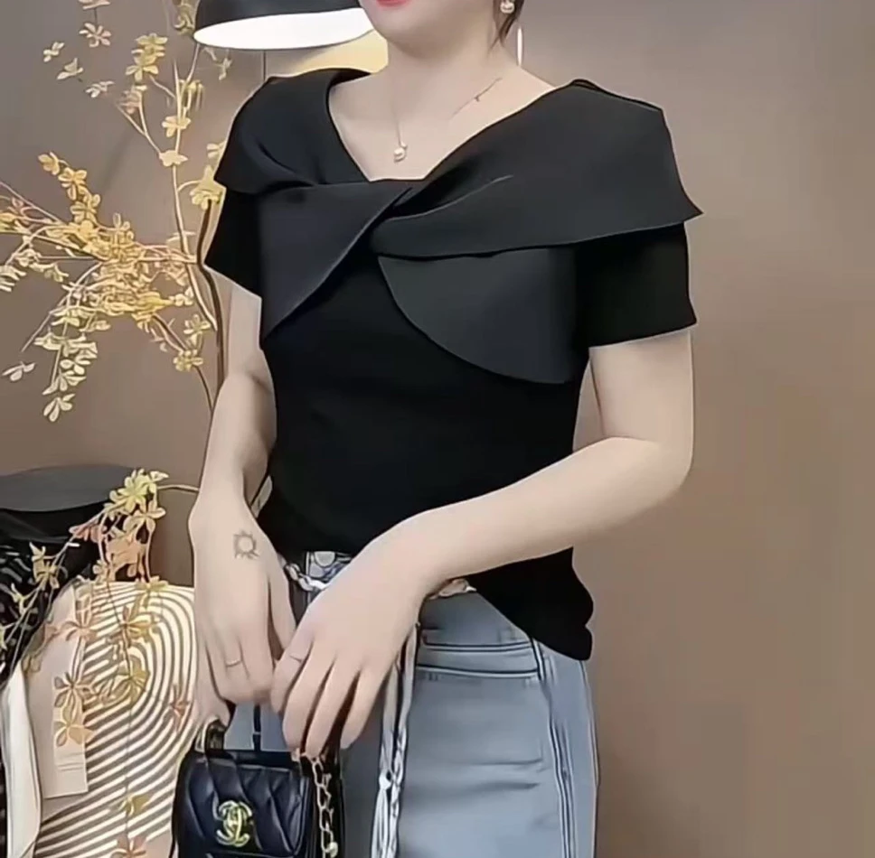 立体装饰宽松型短袖圆领法式T恤百搭洋气v领露肩方领小众