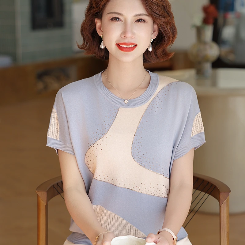 妈妈装2025夏装新款时尚短袖t恤洋气冰丝汗衫中老年小衫女装上衣