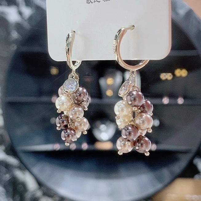 铜合金仿珍珠耳饰 新款高级感耳扣燕麦紫色珠珠葡萄串
