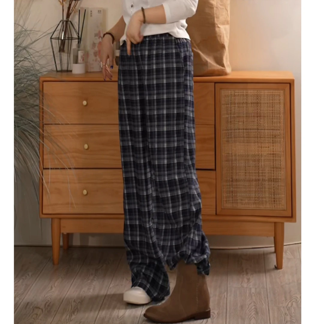 Y 【叭哒不惑】绵羊毛复古格纹慵懒休闲裤女松紧腰显瘦百搭裤子