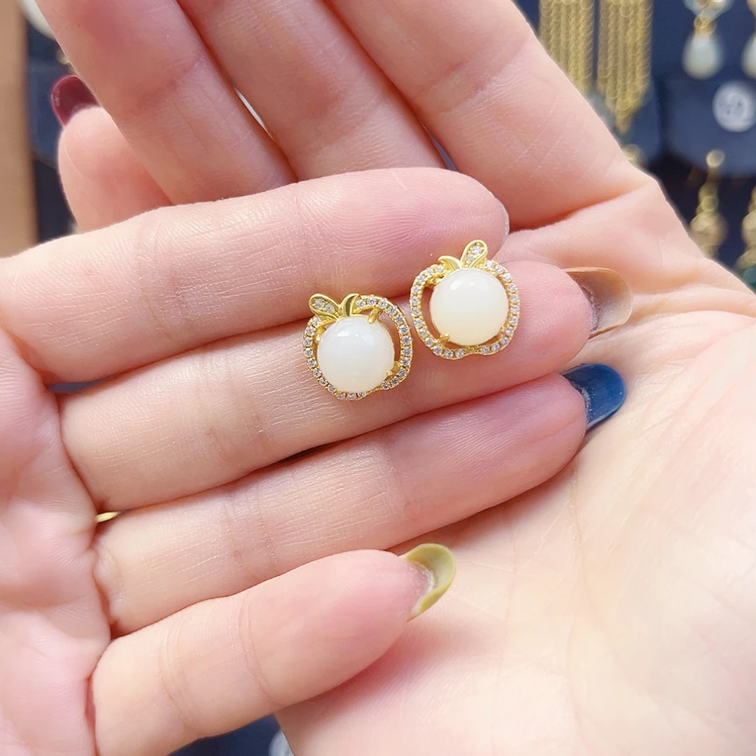 和田玉银S925镀金镶嵌耳饰