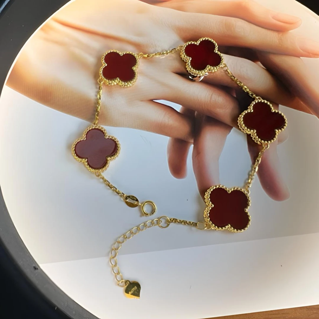 18k金四叶草手链天然红玛瑙厚重工艺五花手链13mm 喜庆红